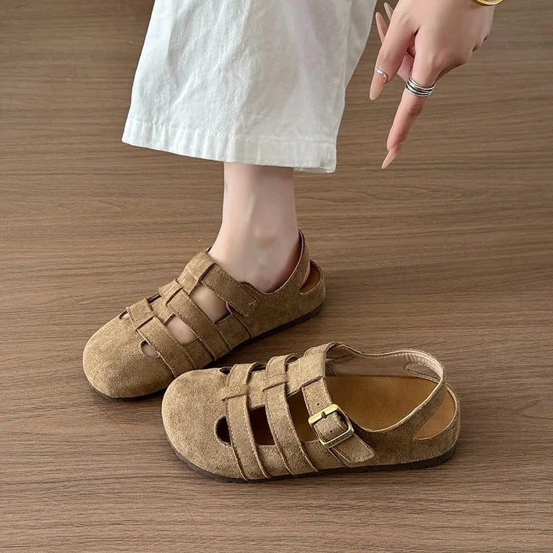 Women's Casual Round Head Flat Shoes Summer New Baotou Cow Suede Metal Buckle Soft Sole Anti-slip Wear-resistant Sandals