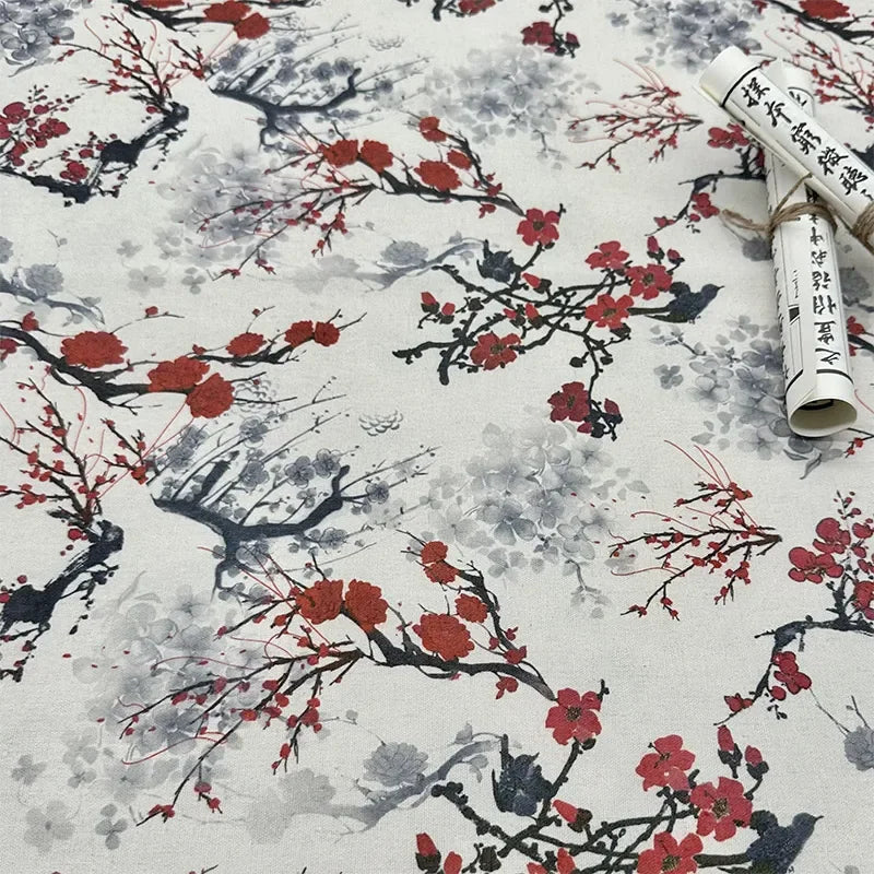 0.5m/1m/2m Encrypted Cotton Linen Retro Chinese Ink Style Fabric for Decorative Cloth, Tablecloths, Curtains, Handmade DIY Fabric