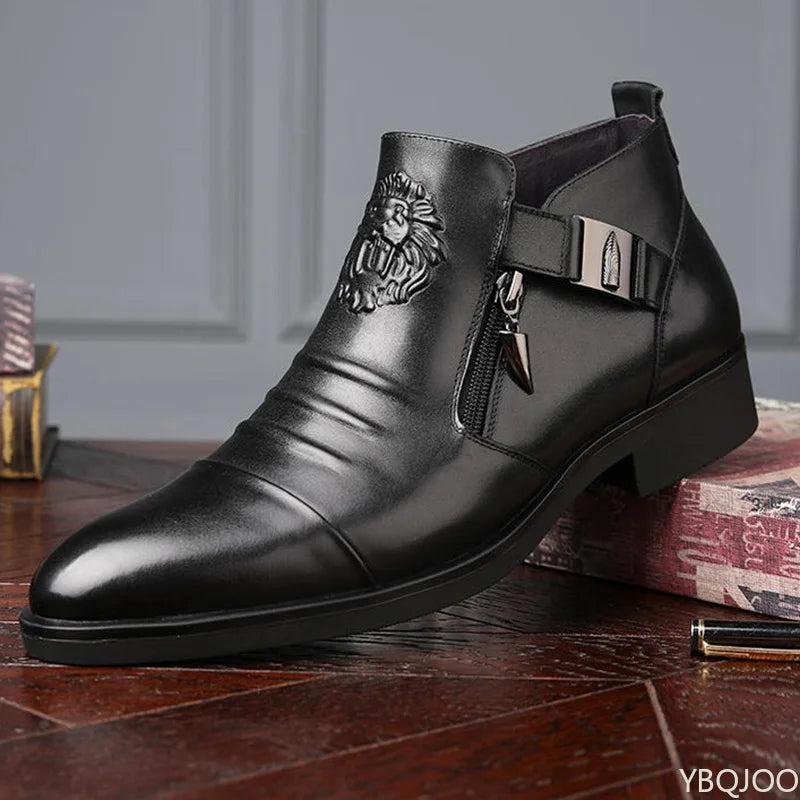 KNIGHT EDGE - Men's Pointed Toe Zip Ankle Boots - Street Style, PU Leather, Winter