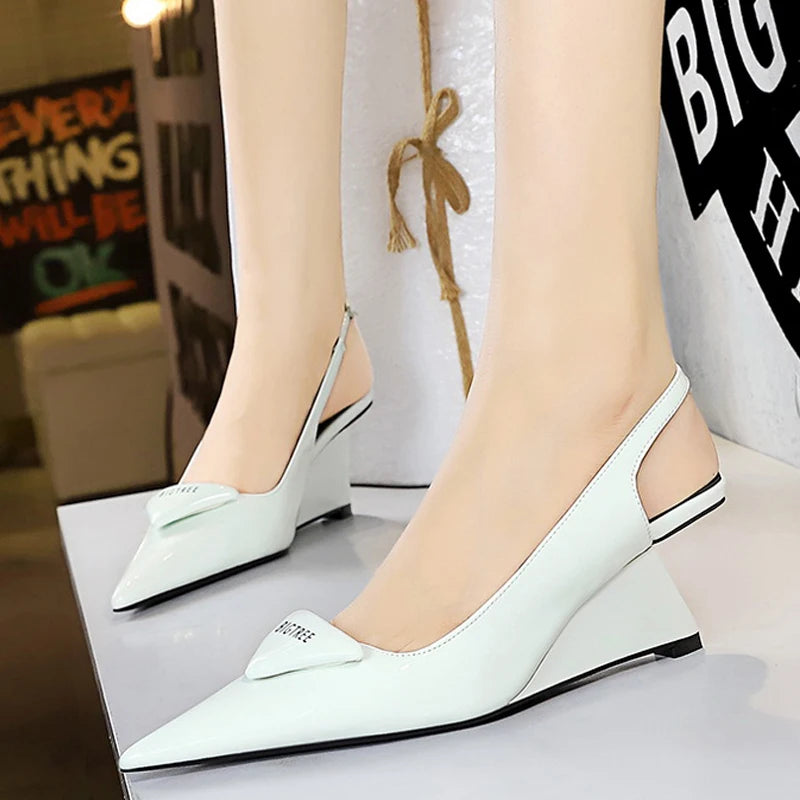Patent Leather Wedge Pumps – Pointed Toe Hollow Back Strap