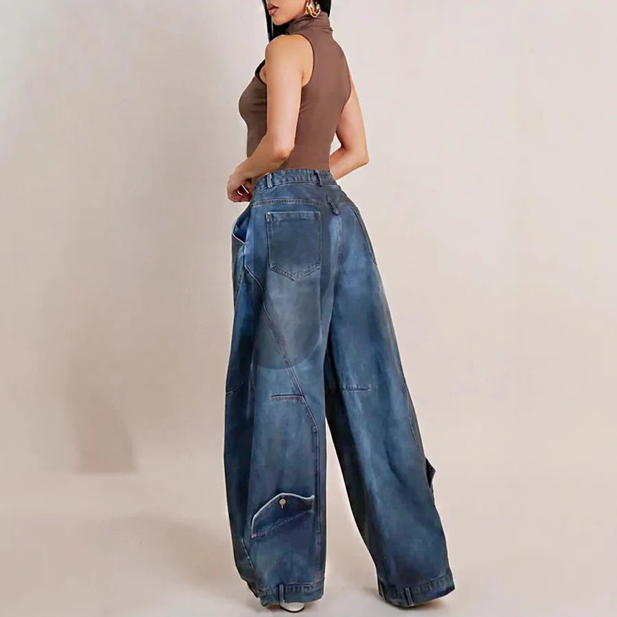 Distressed Wide Leg Mom Jeans – Mid Waist Streetwear