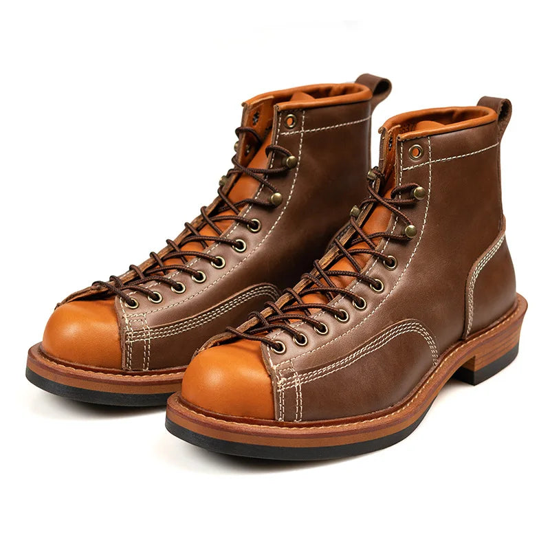 Men's Genuine Leather Motorcycle Boots - Handmade Goodyear Welted Round Toe Ankle Boots
