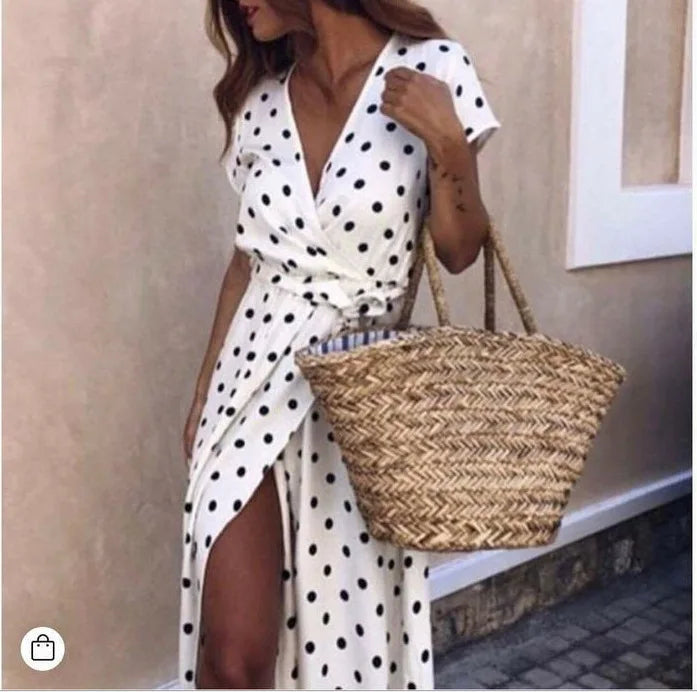 1pc Colorful Polka Dot Printed Maxi Dresses Women Summer V-Neck Short Sleeved Slit Long Dress Robe