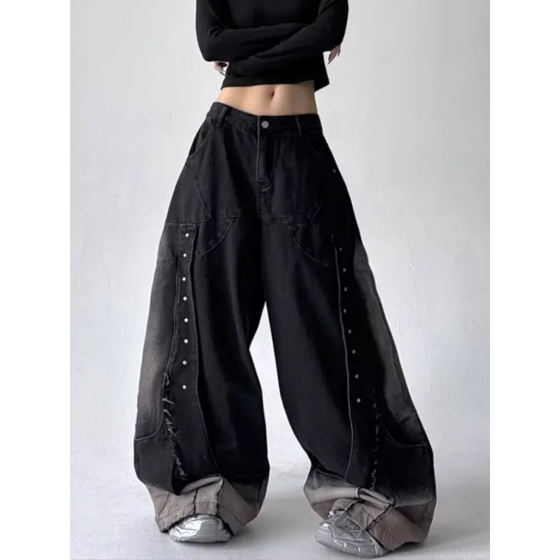 Y2K Patchwork Baggy Wide Leg Jeans - Vintage Wash