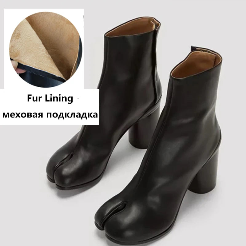 Leather Tabi Boots – Split Toe Chunky Heel Ankle