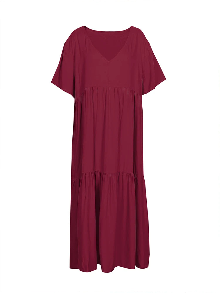 Plus Size 2025 Summer New V-neck Short Sleeve Pleated Solid Color Loose Casual Midi Dress Basic Hem Pleated
