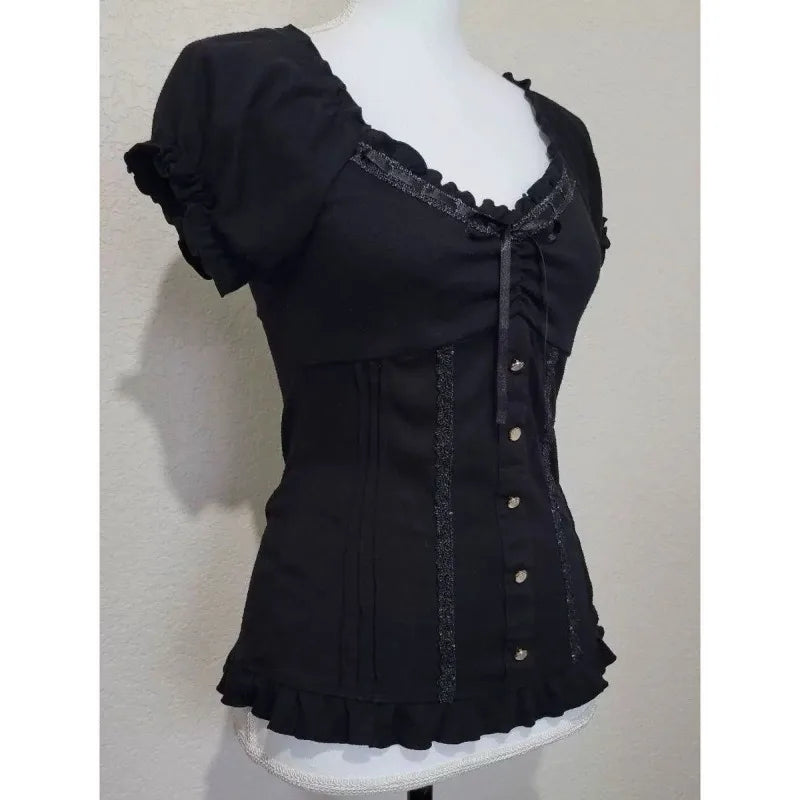 Vintage Black Fashion Bow Sweet Blouse Women Short Sleeve Square Neck Slim Chic Tops New Elegant Casual Y2K Retro Outfits 2025