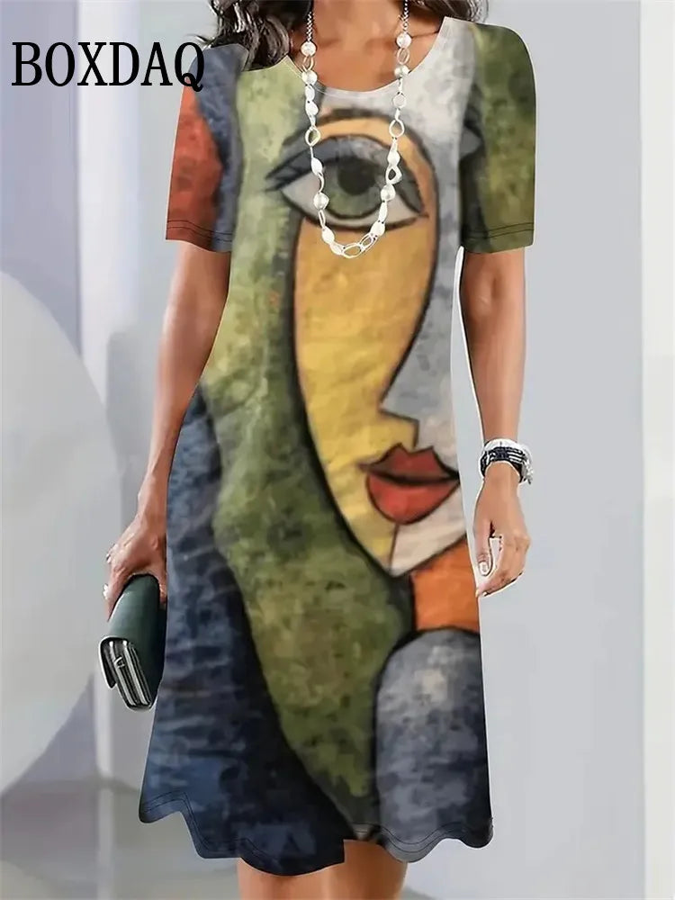 2025 Summer Women's Clothing Art Face Painting Print Women Casual Loose Short Sleeve Dresses Fashion Women Plus Size Dresses 9XL