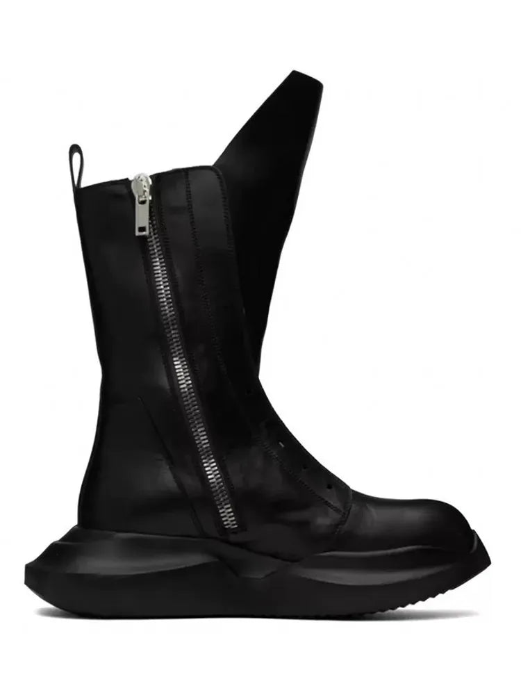 Men's Gothic Platform Mid-Calf Boots - Handmade Genuine Leather Zip Moto Dark Luxury