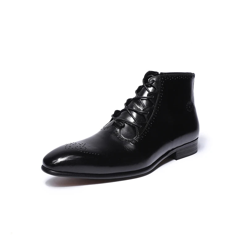 Genuine Leather Ankle Boots - Lace Up Zip British Style Dress Oxford Pointed Toe