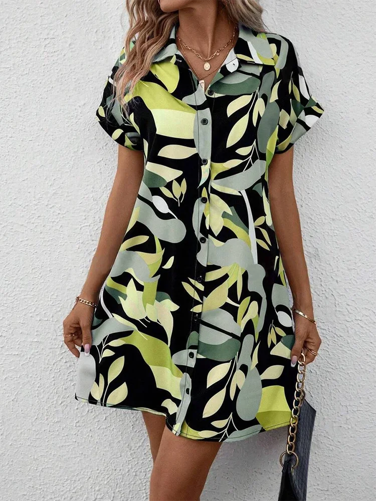 2025 New Summer Everyday Casual Women's Short Sleeve Shirt Dress  Sweet Fashion Single-breasted Dress Floral Print Elegant Dress