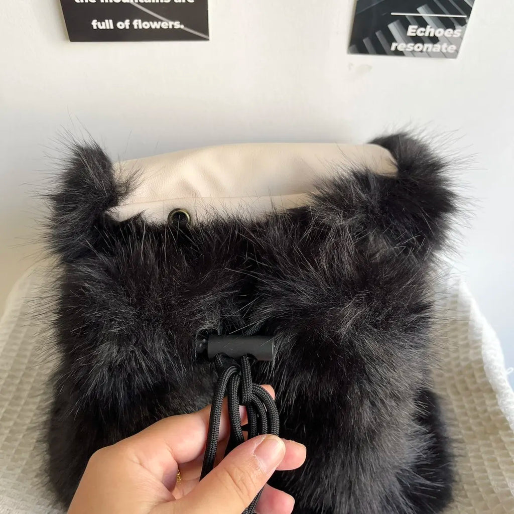 Black Plush Backpack Y2K Gothic Cross Fluffy Fur Backpack