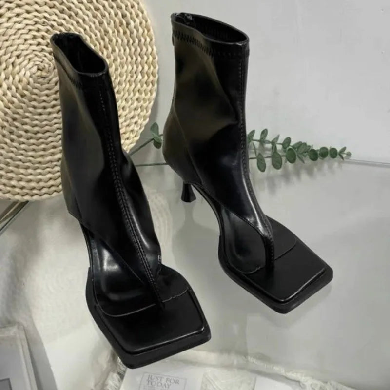 Stiletto Clip-in Herringbone Toe Square Toe Sandals Women's High Heel Cold Boots All-match Booties Summer