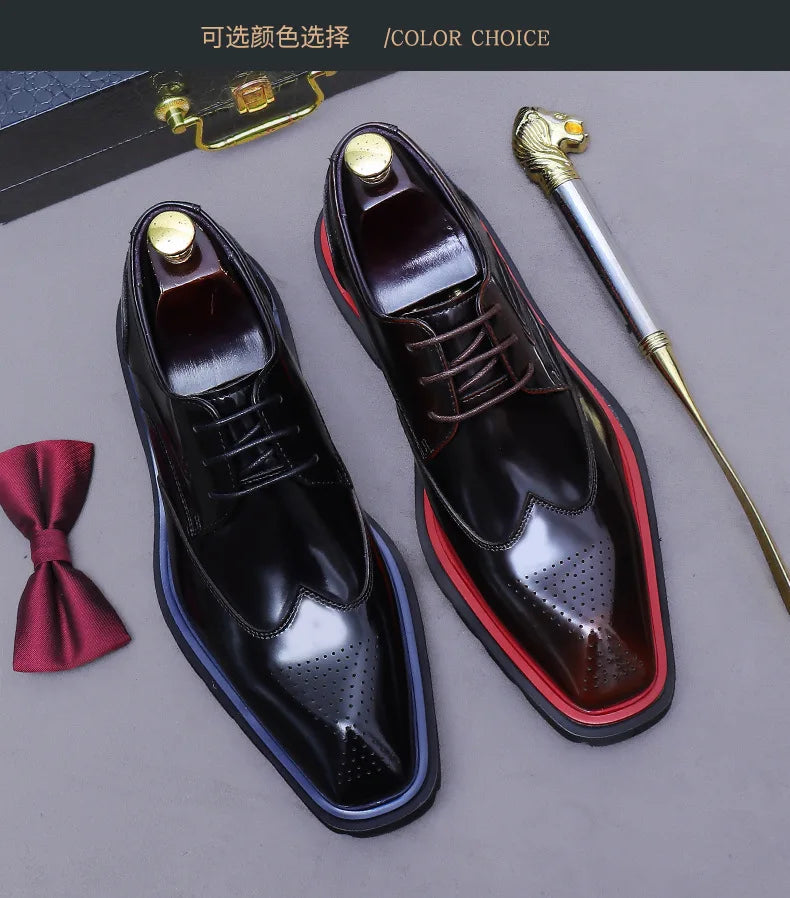 BURGUNDY WING - Men's Patent Leather Wingtip Brogue Derby Shoes - Thick Sole, Non-Slip Office Footwear