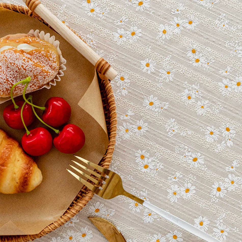 DAISY FLORAL COTTON TABLECLOTH - Embroidered, 11 Styles, Round & Rectangle - Garden Table