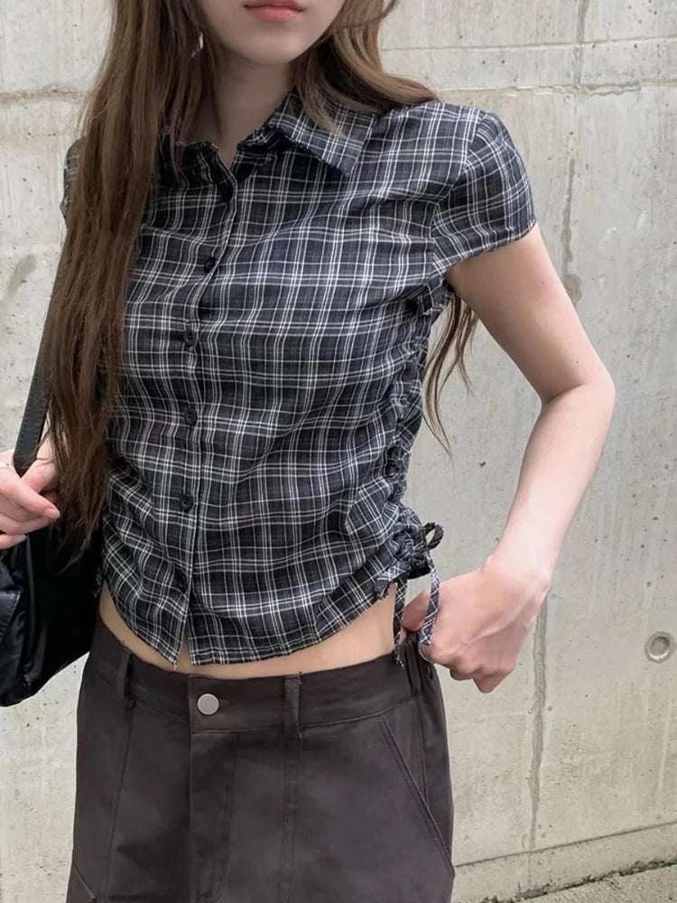 Vintage Classic Plaid Short Sleeve Collared Button Shirt Women Y2k Fashion Cinch Waist Tops Streetwear Casual Retro T-Shirts New