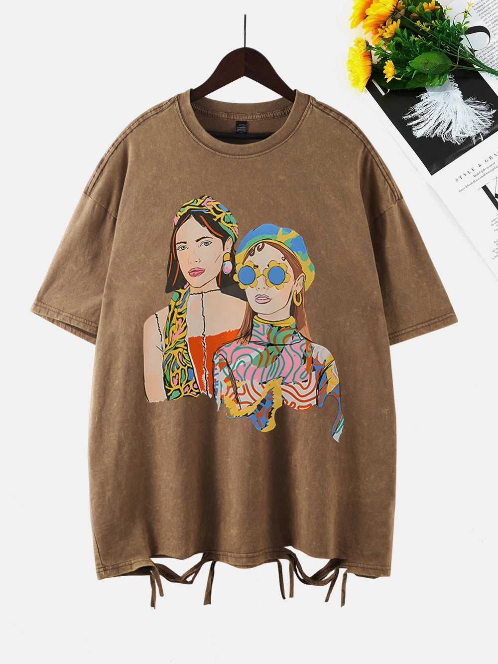 City Girls Art Print Washed T-Shirt - Oversize Acid Black