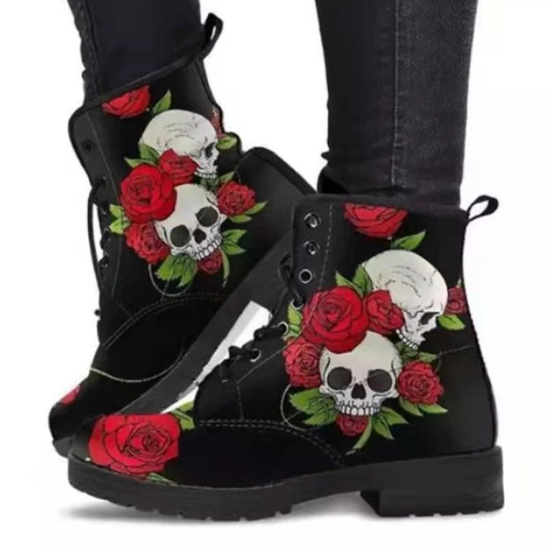 Women's Autumn Short Boots British Style Tooling Boots Skull Print Flower High-top Ladies Ankle Boots Vintage Botte Femme Hiver