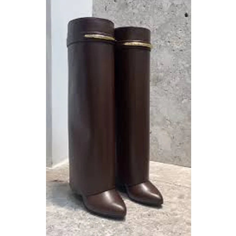 Metal Buckle Slip-On Knee-High Boots – Super High Wedge