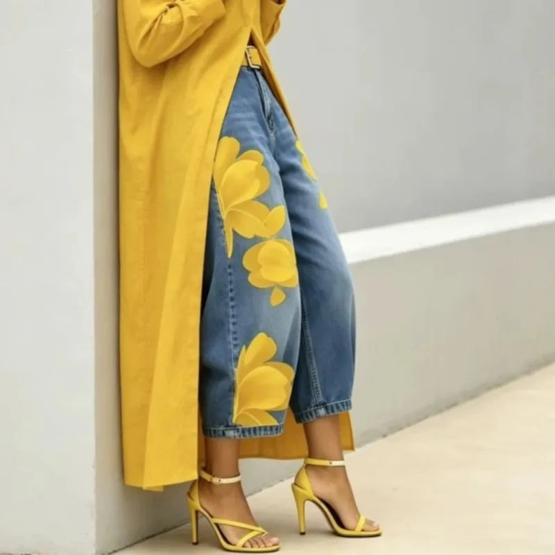 Floral Print Wide Leg Jeans - High Waist