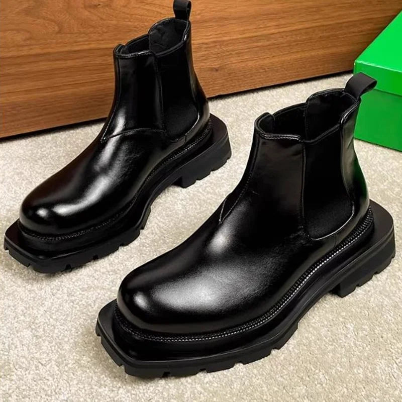 BRITISH RISE - Men's Calfskin Chelsea Boots - +6cm Height, Waterproof, Square Toe, EU 38–44