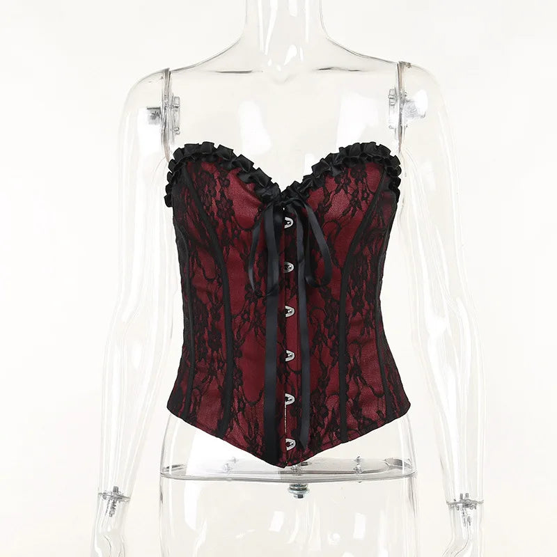 Unholy Lace Halter - Black Goth Corset Top With Cross And Red Velvet