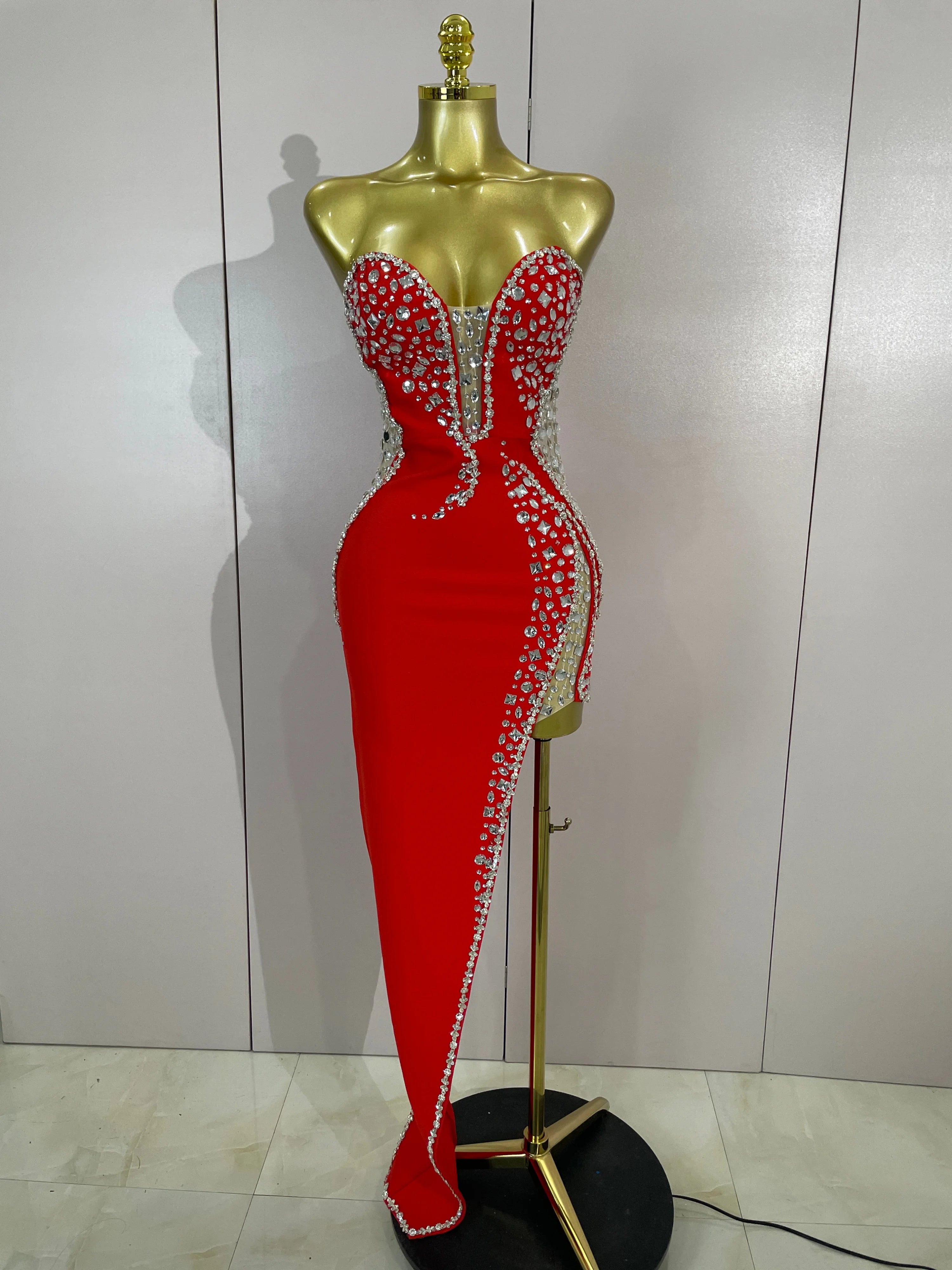 Newest High Quality Sexy Strapless Shining Rhinestones Bodycon Bandage Long Dress Women Fashion Celebrate Evening Party Vestido