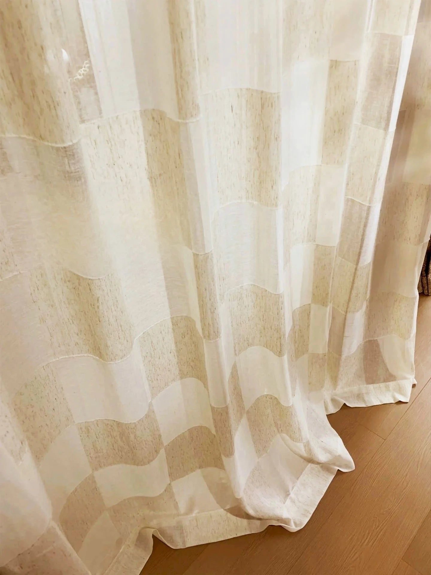 GRID VOILE SHEER CURTAIN - Ecru Plaid Weave, 5 Hanging Styles - Soft Rooms