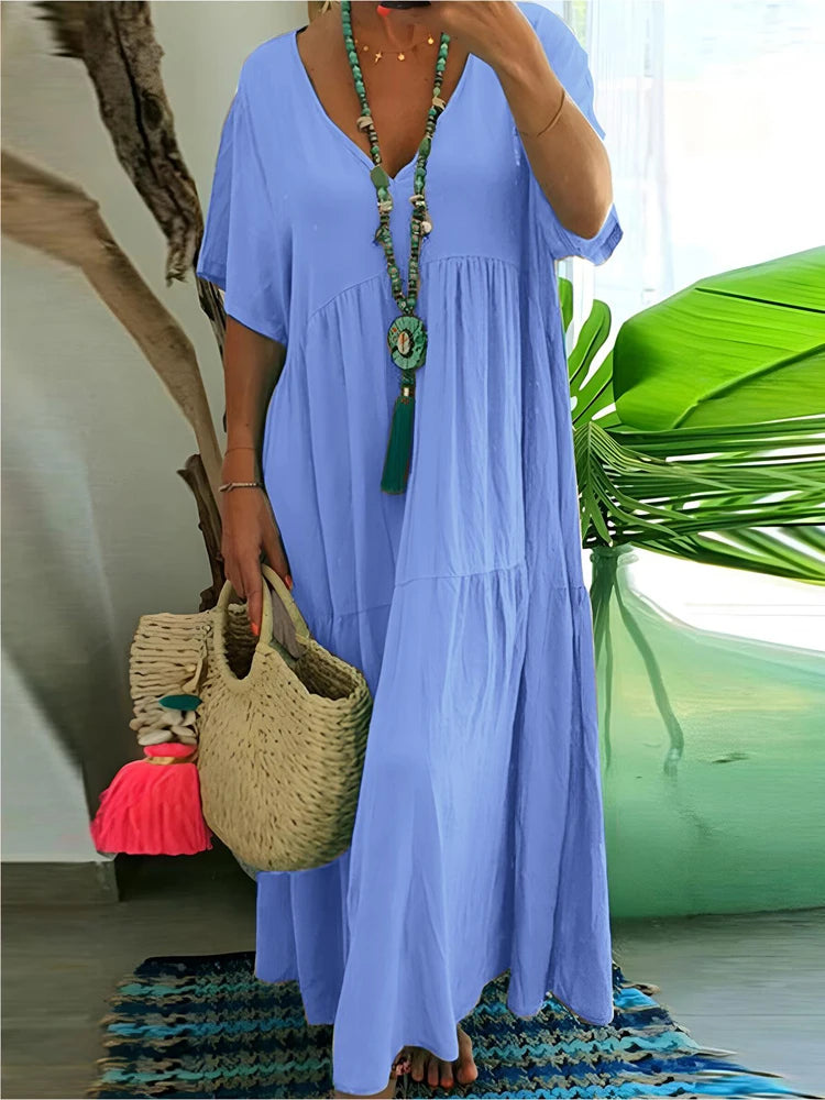 Plus Size 2025 Summer New V-neck Short Sleeve Pleated Solid Color Loose Casual Midi Dress Basic Hem Pleated