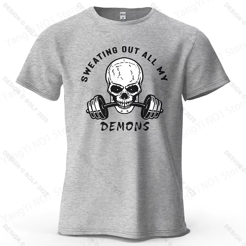 Fitness Skull Motivated Printed Men's T-Shirt 100% Cotton Oversized Gym Graphic Tees for Women Tops Tees Casual Streetwear T