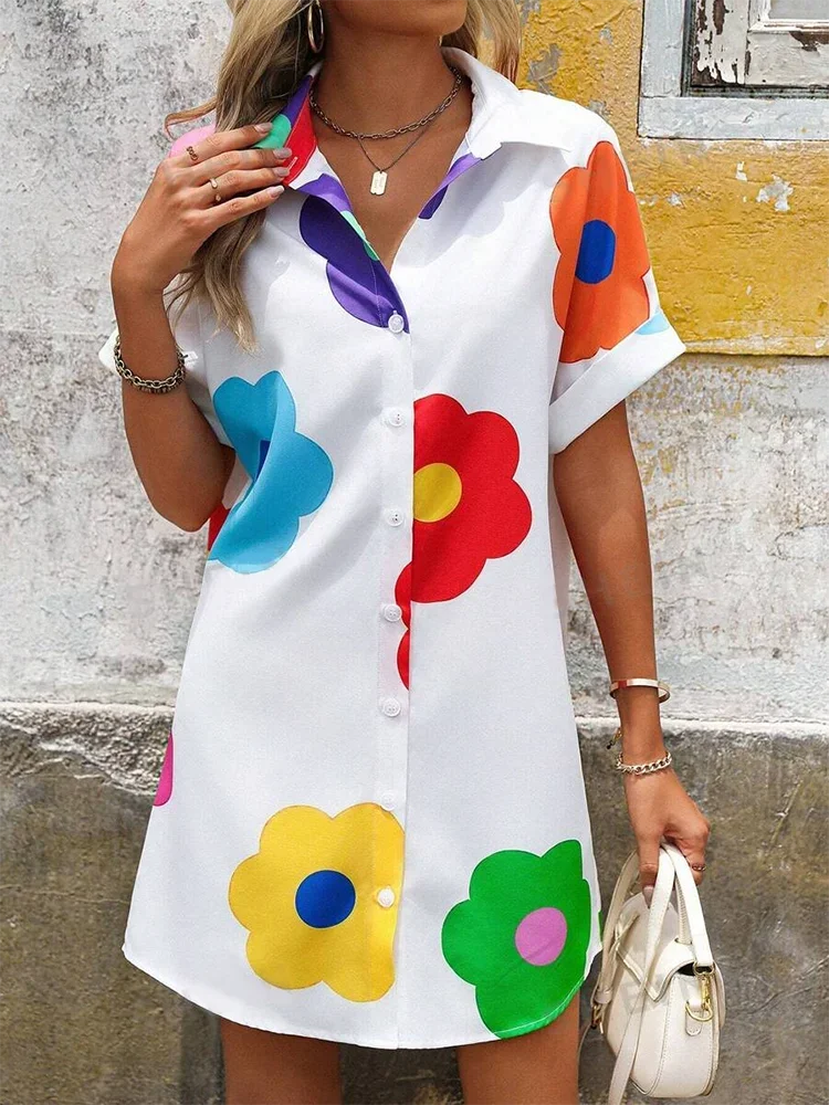2025 New Summer Everyday Casual Women's Short Sleeve Shirt Dress  Sweet Fashion Single-breasted Dress Floral Print Elegant Dress