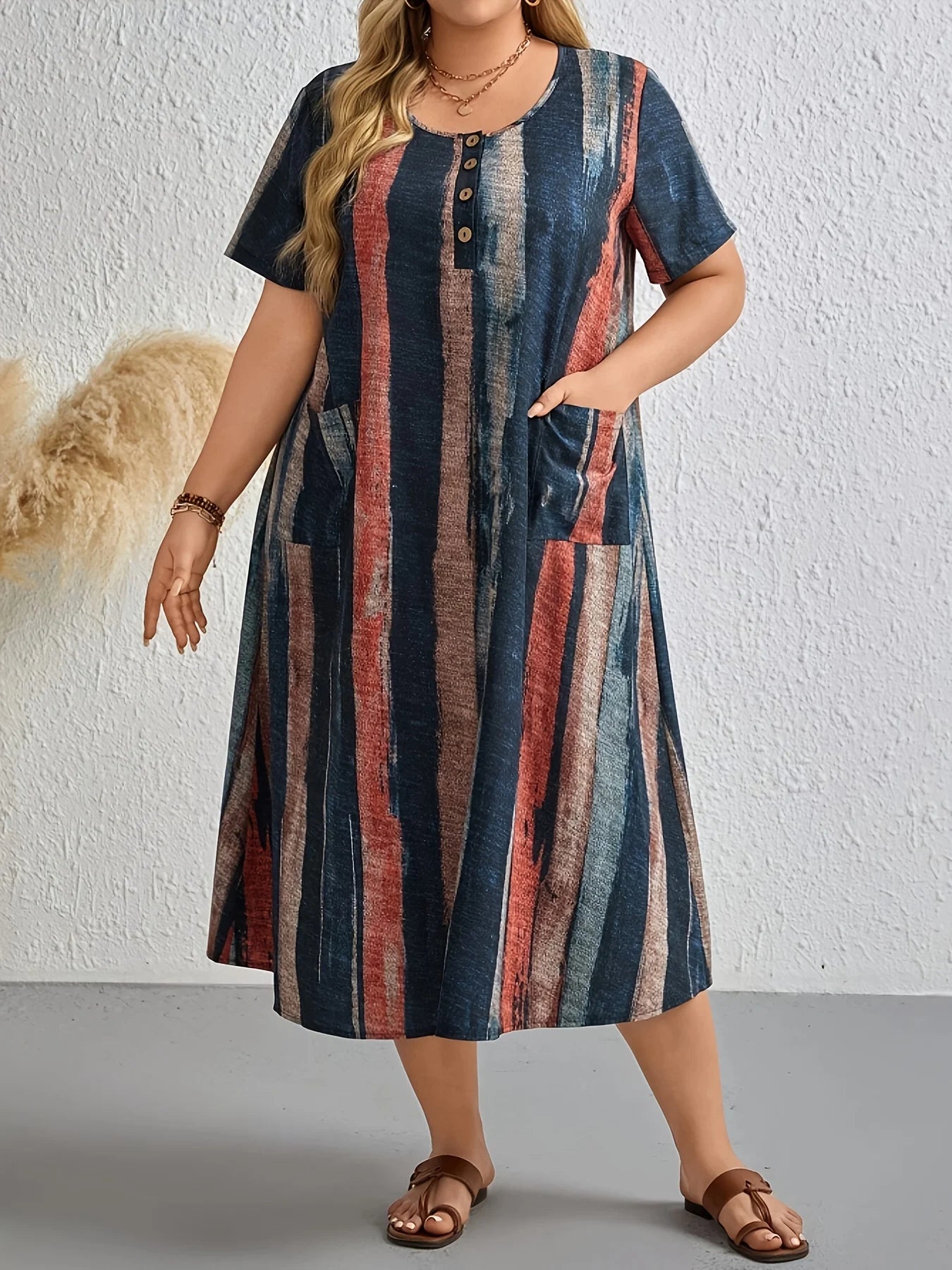 Plus-size women's multi-colored sleeveless round-neck printed dress, suitable for spring/summer/fall - oversized turtleneck styl