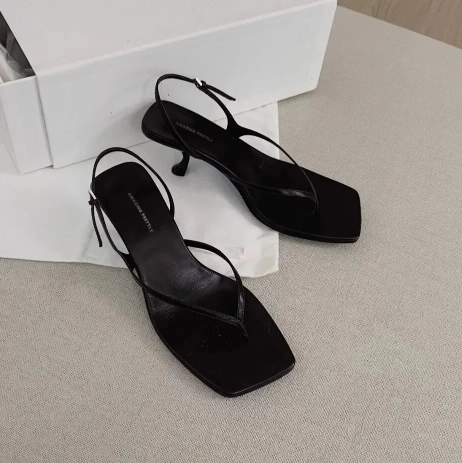 Retro Square Toe Clip Toe Sandals Kitten Heel Back Strap Brown Solid Concise French Style Sexy Fashion Women's Shoes Summer Casual