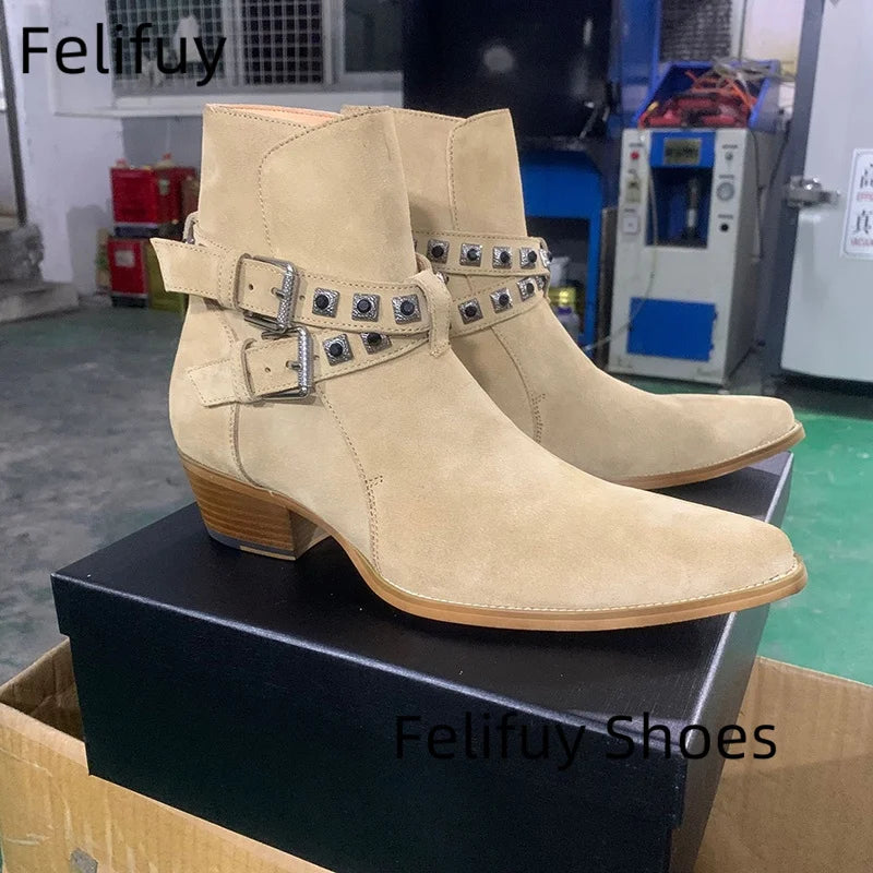 Rivet Chelsea Boots - Buckle Strap Handmade Genuine Leather British Style Pointed Toe