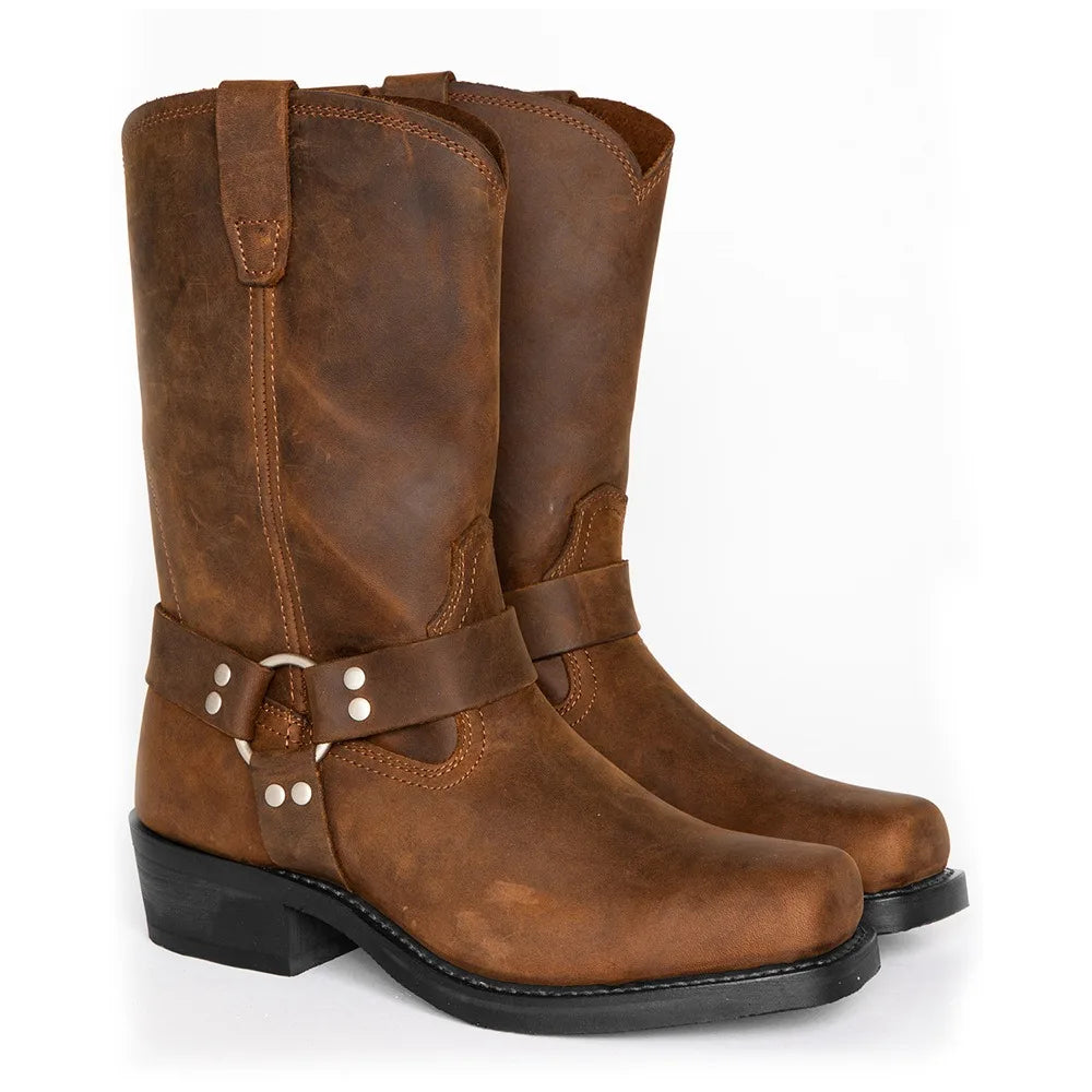 Men's Retro Western Cowboy Boots - Slip-On Square Toe Mid-Calf Waterproof