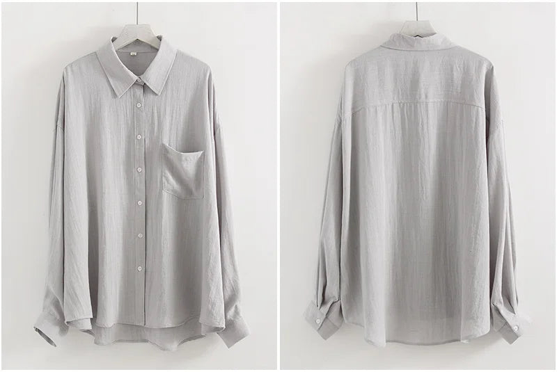 Streamgirl Summer White Linen Shirts For Women Oversized Long Sleeve Tops Lady Loose Basic Linen Tops Women Blue Shirts Oversize
