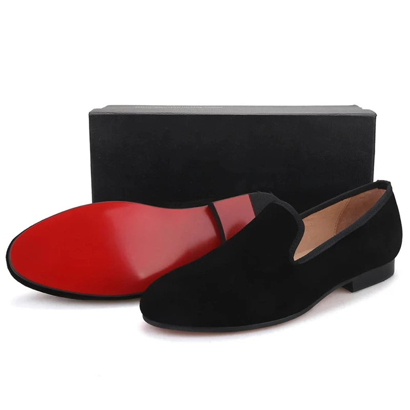 RED SOLE - Men's Luxury Red Bottom Loafers - Flock Slip-On Party Dress Shoes