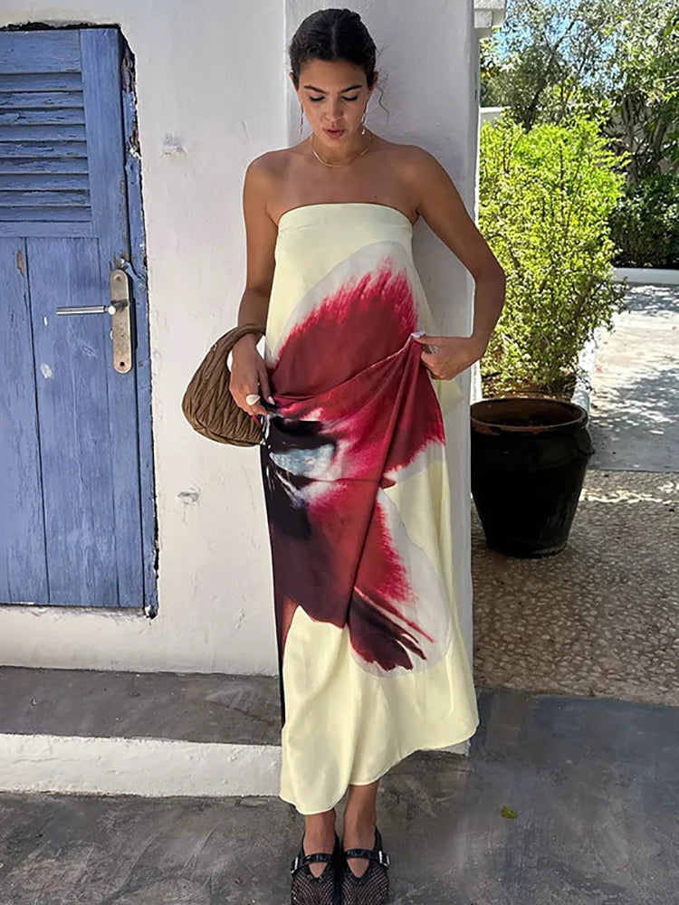 JULISSA MO Sexy Strapless Print Floral Belt Women Maxi Dress Yellow Backless Vacation Dress Summer Loose Elegant Party Beachwear