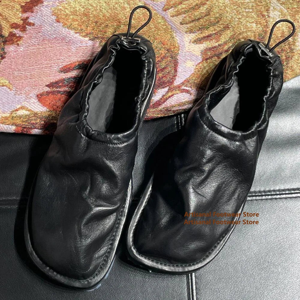 SQUARE EASE - Square Toe Elastic Strap Loafers - Wrinkled Leather, Flat Sole