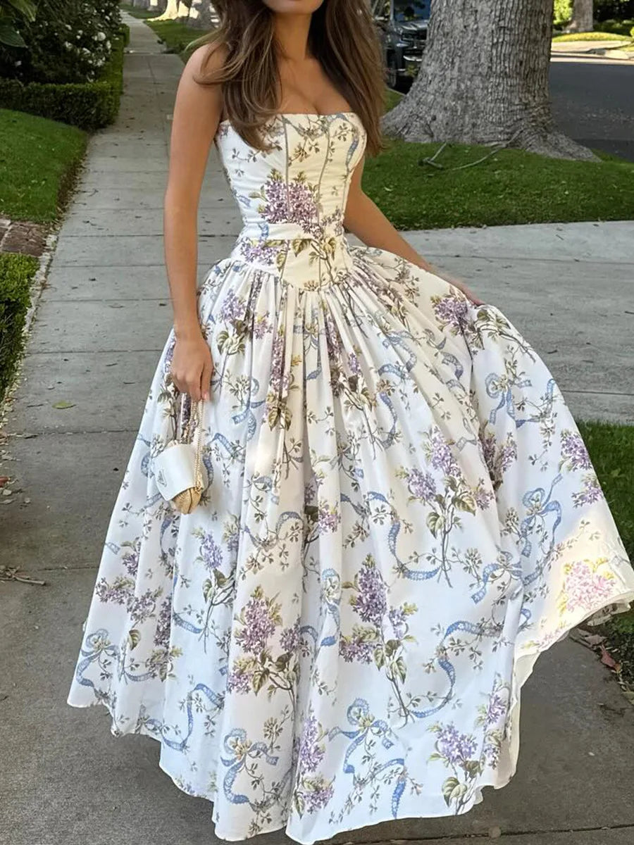 Sexy Floral Long Sun Dress Women's Hollow Out Sundress High Waist Suspenders Maxi Dresses Female 2025 Summer Yellow Festival New