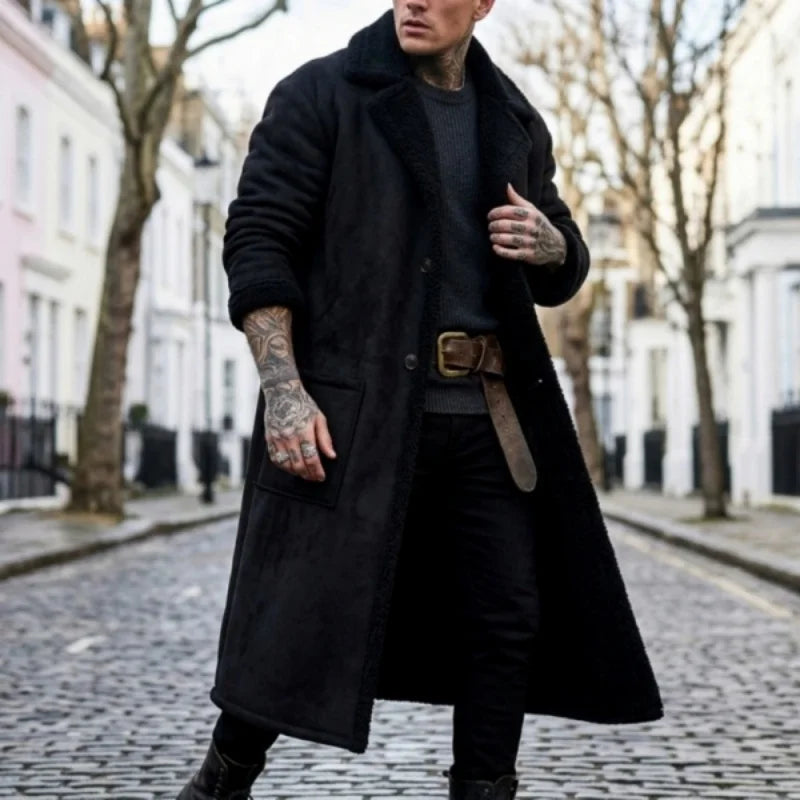 WINTER LONG FLEECE COAT - Men's Windproof Overcoat Turn-Down Collar Single Breasted England Style - Ginger / Burgundy / Black / Sky Blue
