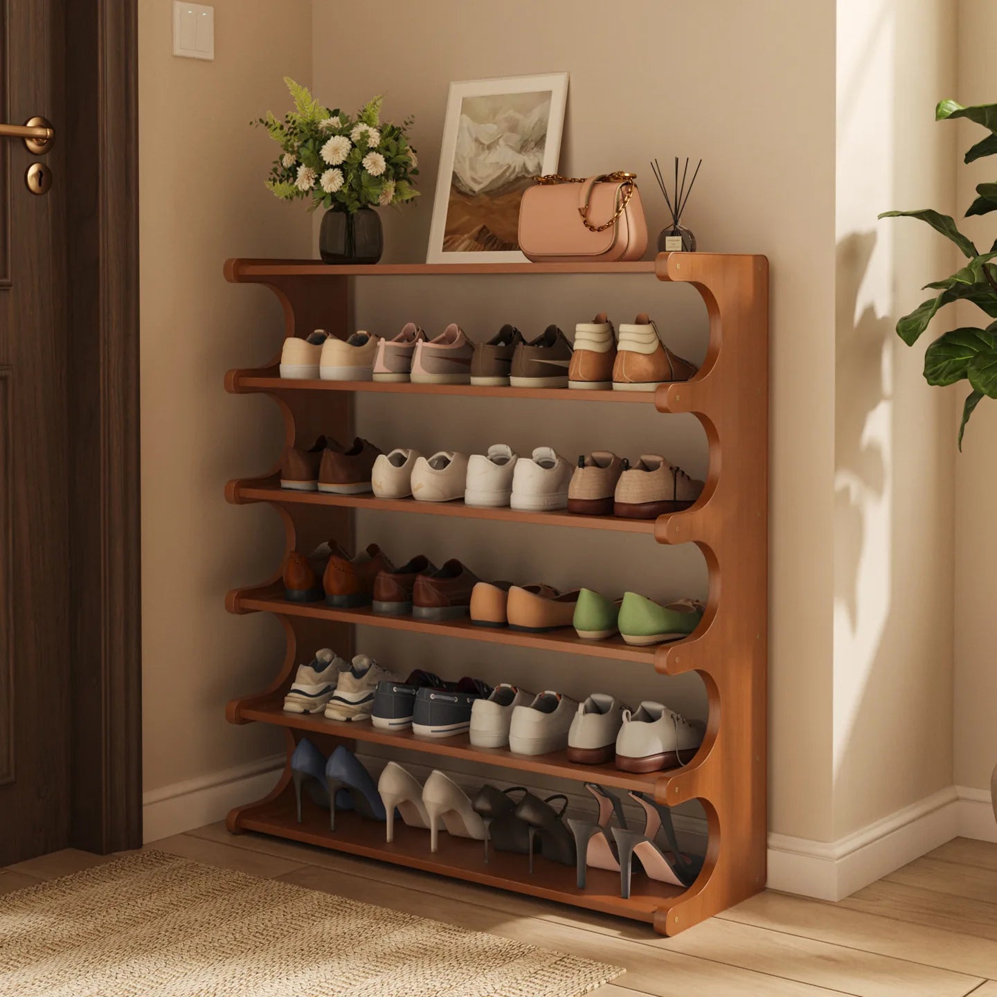Wooden Shoe Rack for Home Multilayer Storage Shelf Simple Bamboo Shoe Cabinet for Dormitory Entrance