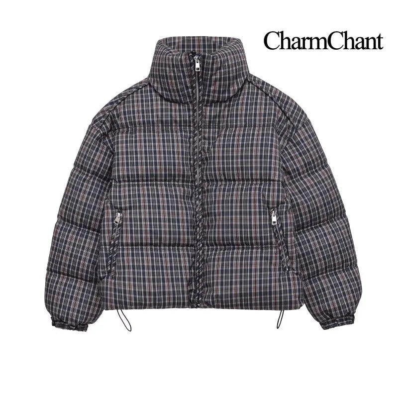 Plaid Puffer Jacket – Stand Collar Padded Coat