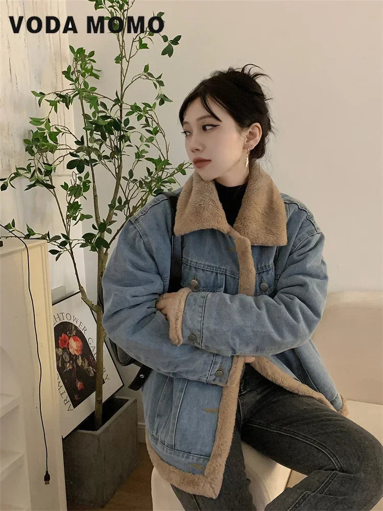 Fur Collar Denim Jacket – Fleece Lined Retro Casual