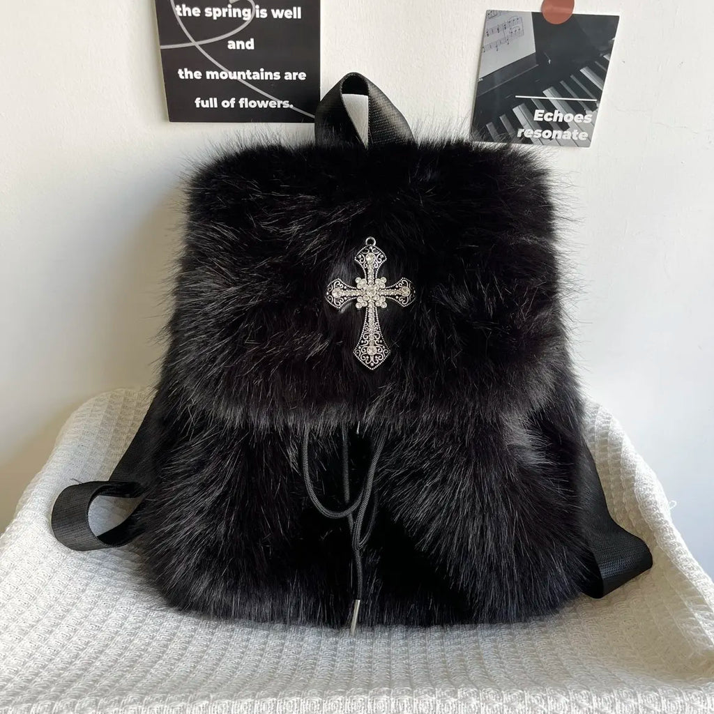 Black Plush Backpack Y2K Gothic Cross Fluffy Fur Backpack