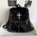 Black Plush Backpack Y2K Gothic Cross Fluffy Fur Backpack