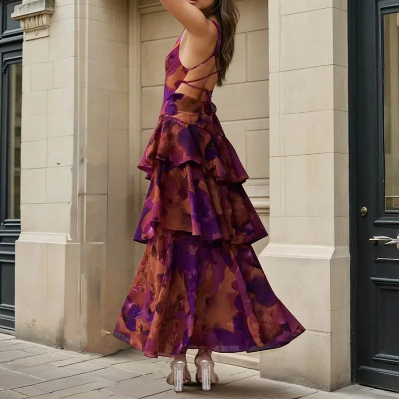 2026 Spring new women's clothing Cross-border European and American dresses Elegant plant-printed suspender cake dress