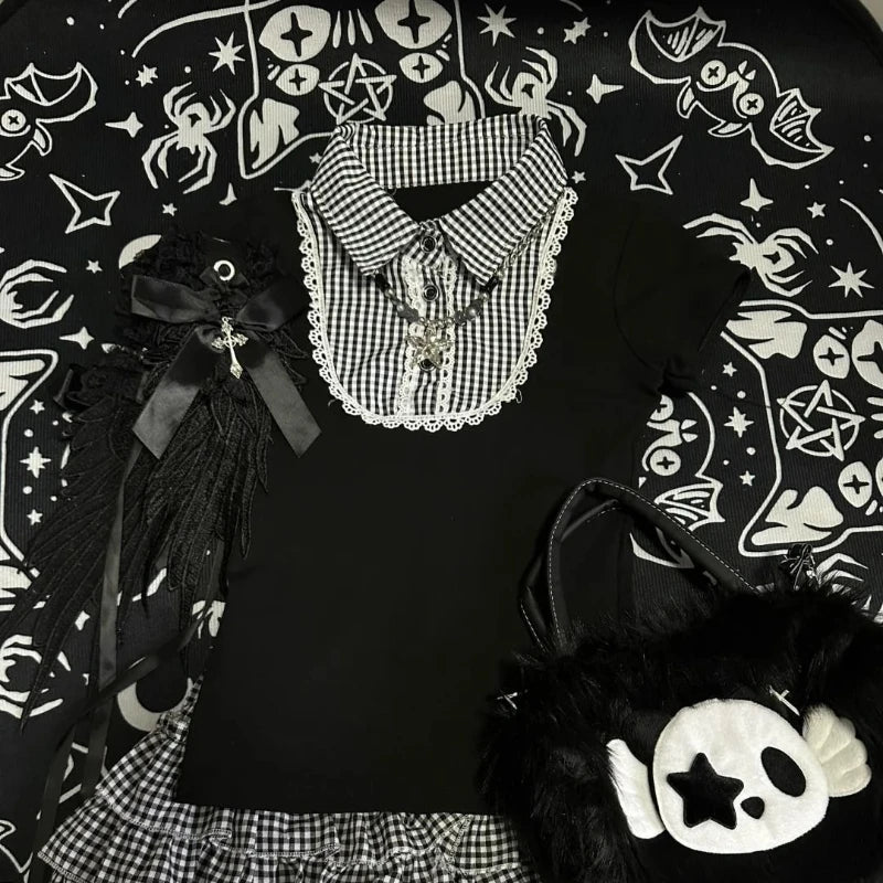 Y2k Black Short Sleeve T-Shirt Vintage Retro Black White Plaid Patchwork Button Sweet Bodycon Fit Polo Top Women Casual Summer