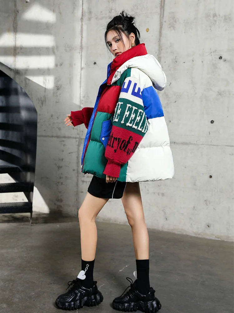 Letter Stitch Down Parka – Oversized Hooded Streetwear