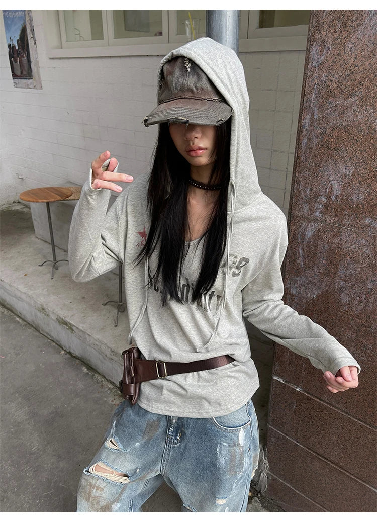 Genayooa Vintage Graphic Tops Women Long Sleeve Y2k Japanese T Shirt With Hooded Streetwear American Retro Grunge Tops E-girls